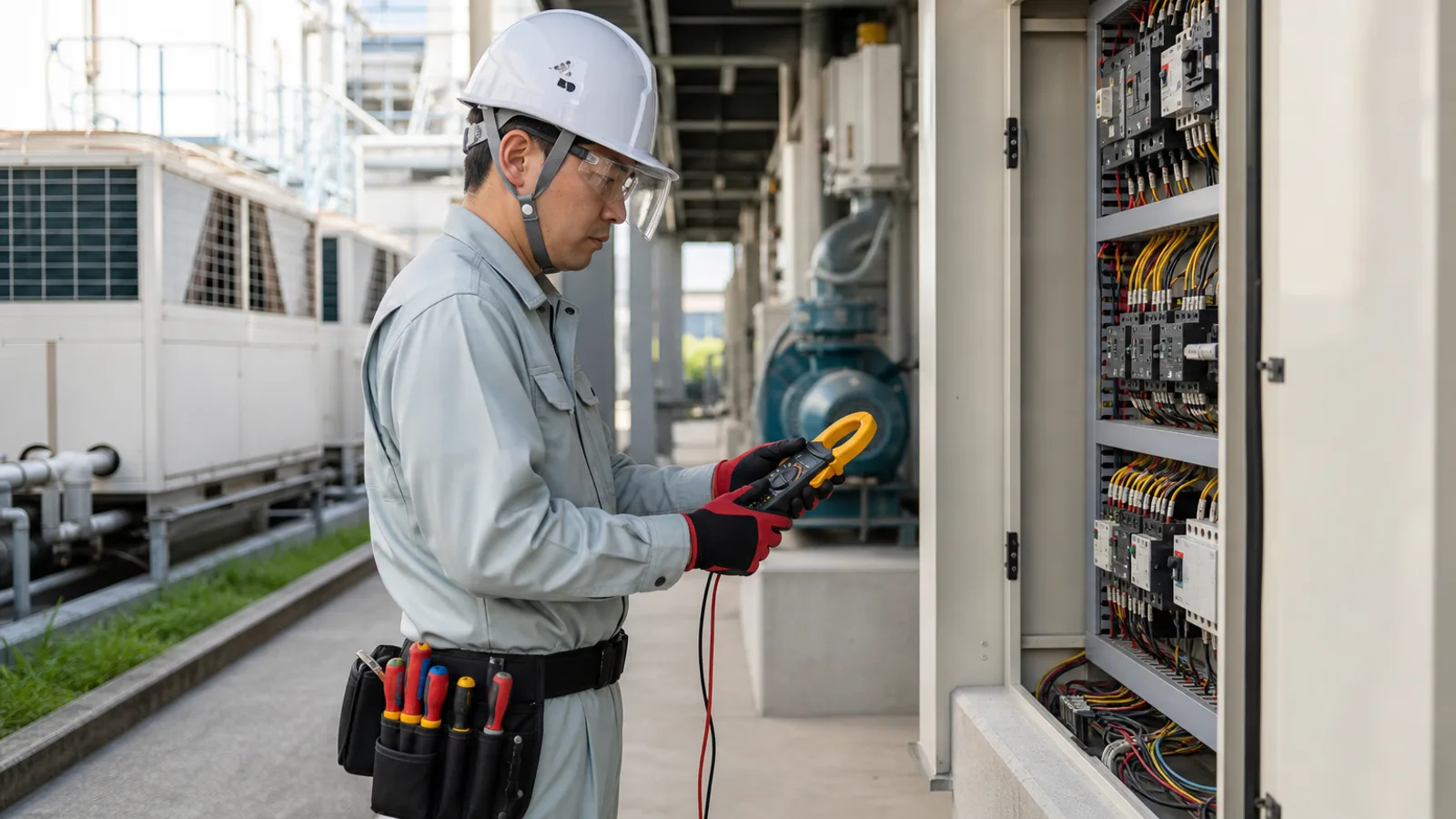 夏の工場で電気設備担当者がデジタルクランプメーターを使って点検するイメージ