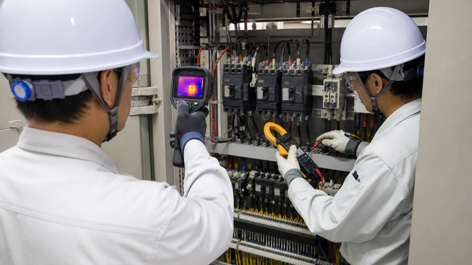 サーモグラフィーとクランプメーターで分電盤を点検するイメージ
