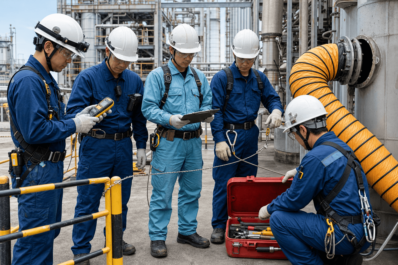 SDS・ガス測定・静電気対策を確認して防爆工具を持ち出すイメージ