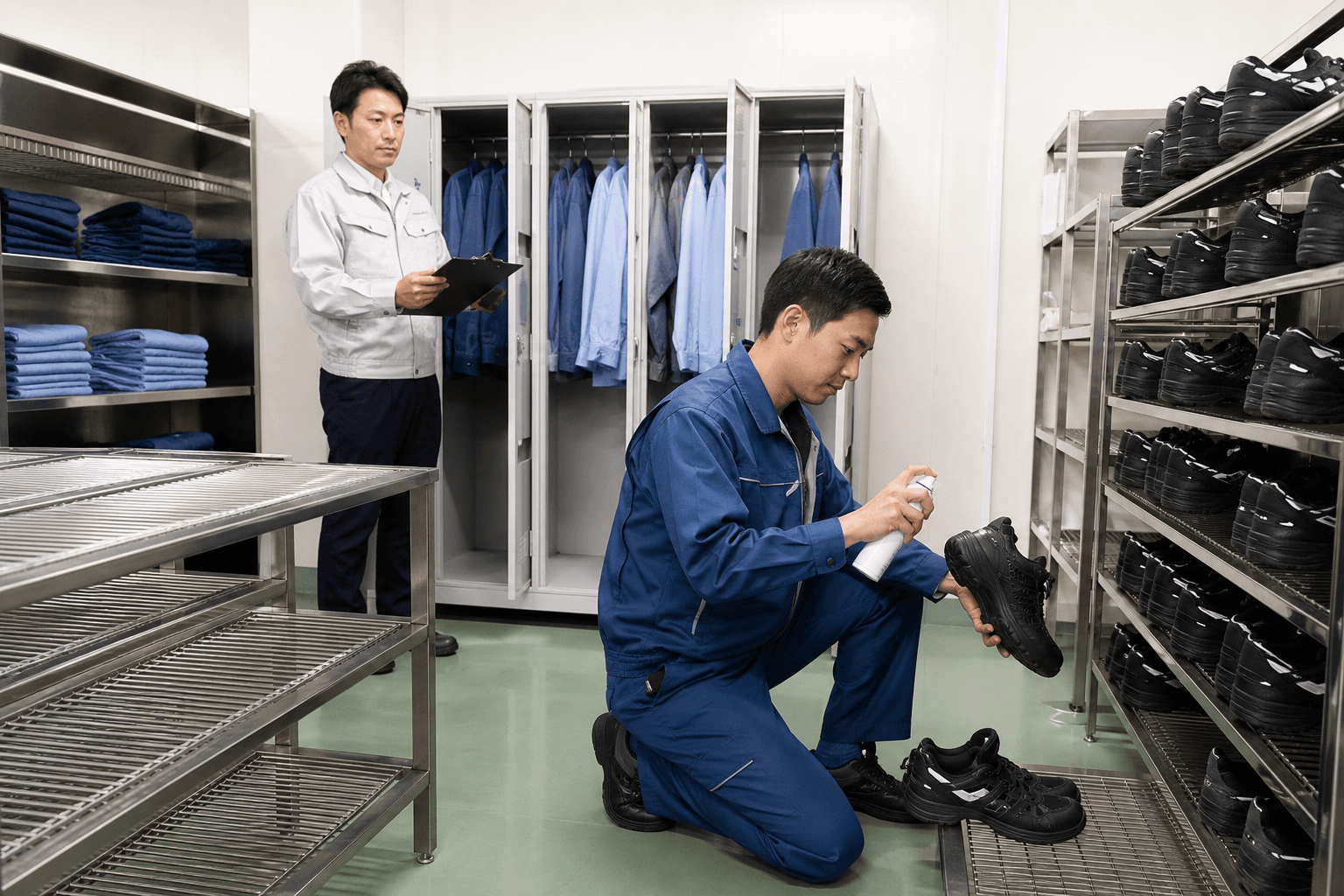 工場の更衣室で安全靴と作業着を分けて乾燥・保管するイメージ