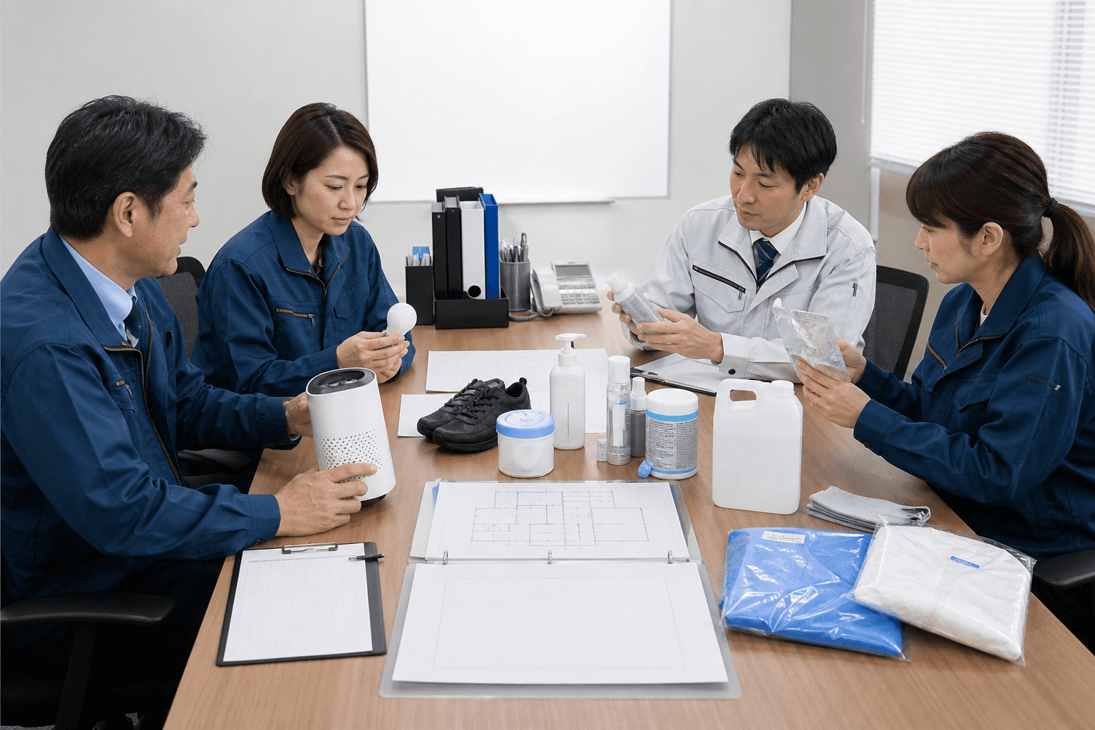 工場の総務・安全衛生・設備・購買担当が臭い対策用品を選定するイメージ