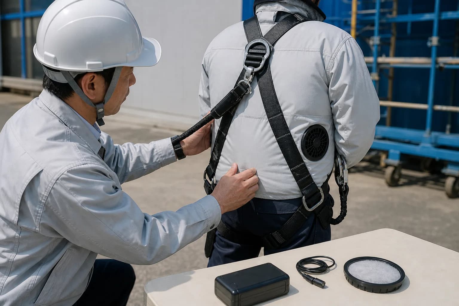 フルハーネスによる風路阻害と空調服のバッテリー点検