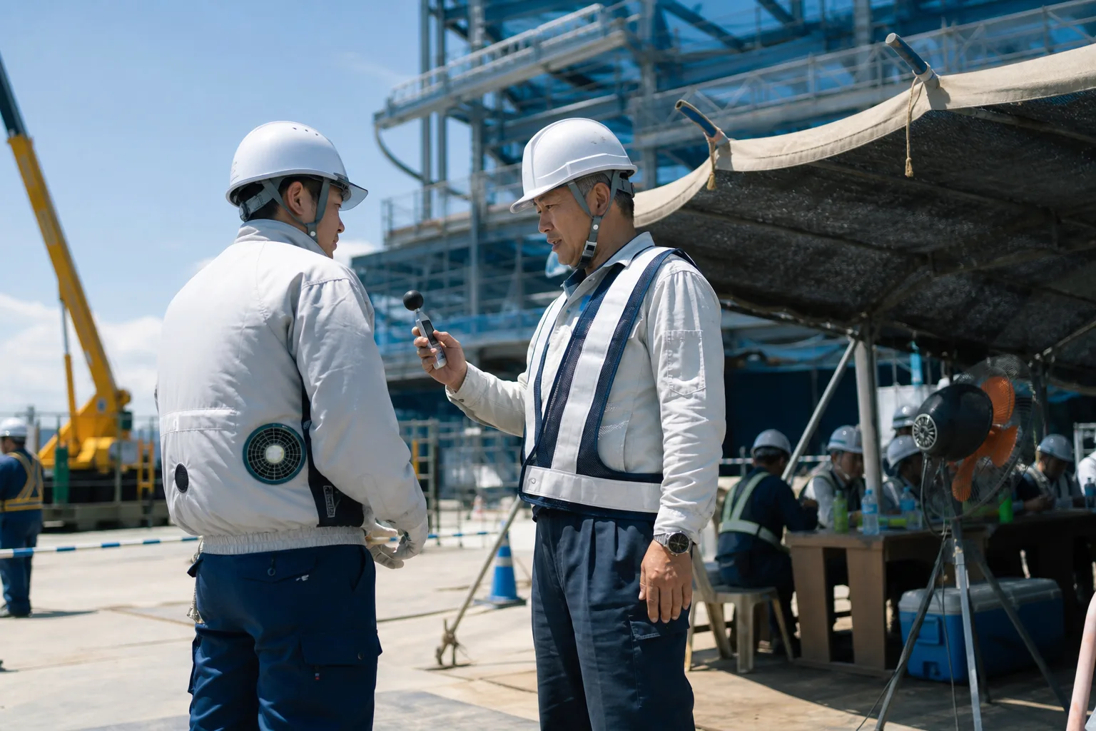 空調服を着た作業者とWBGT計を確認する現場責任者