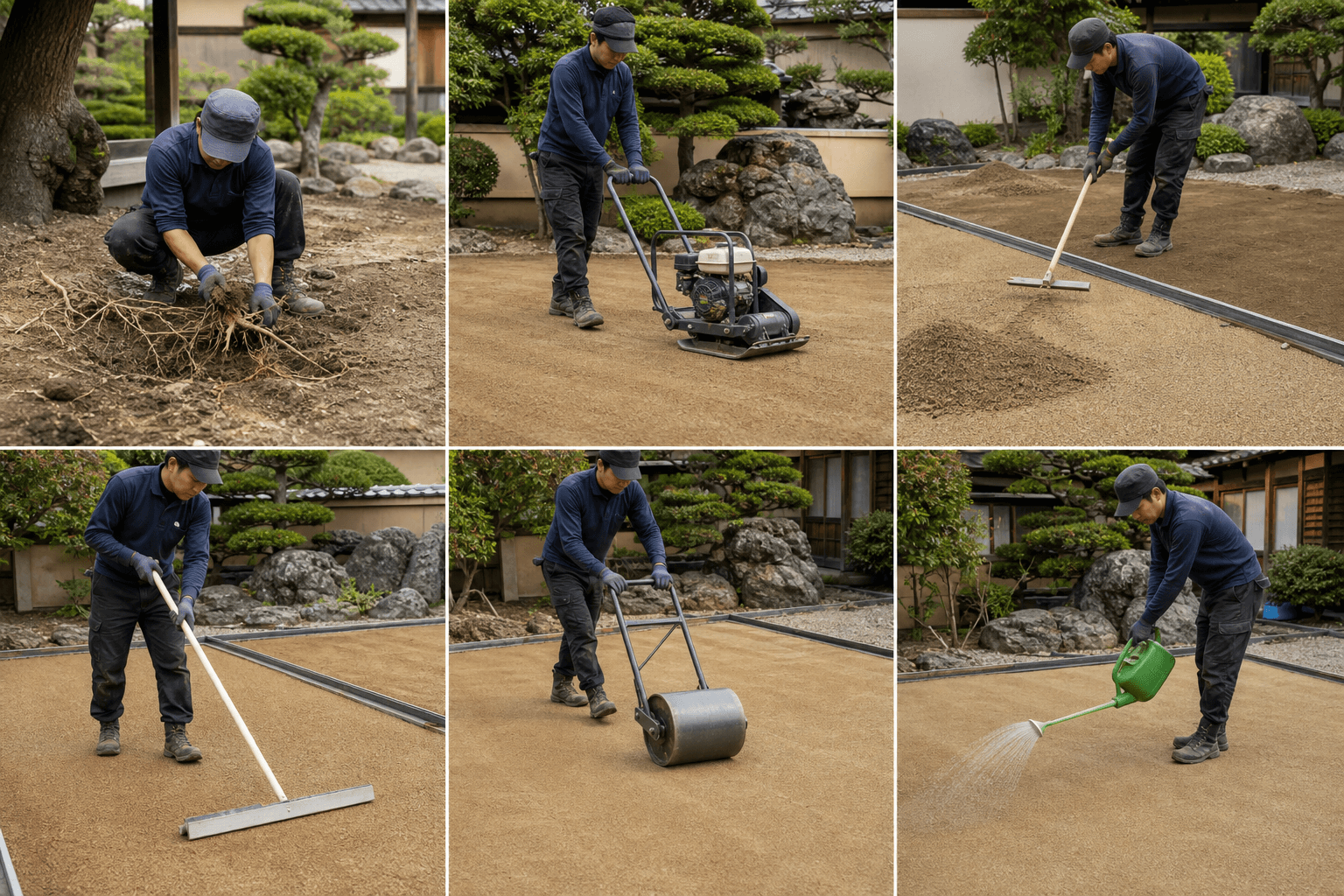 除草・転圧・敷き均し・散水を行う防草砂施工イメージ
