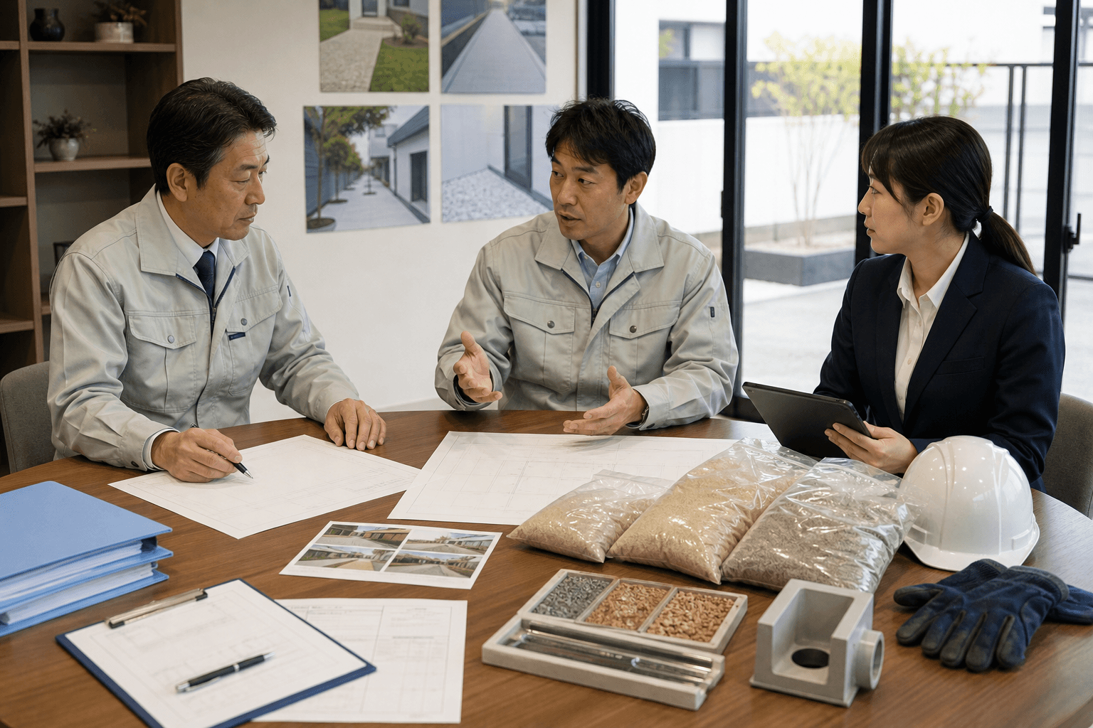 法人担当者が防草砂の袋数・施工範囲・安全用品を確認するイメージ