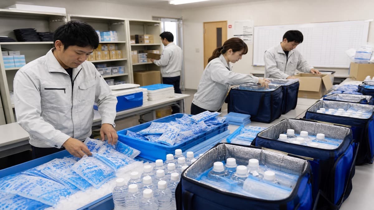 現場用クーラーボックスへ入れる氷や保冷剤を準備するイメージ