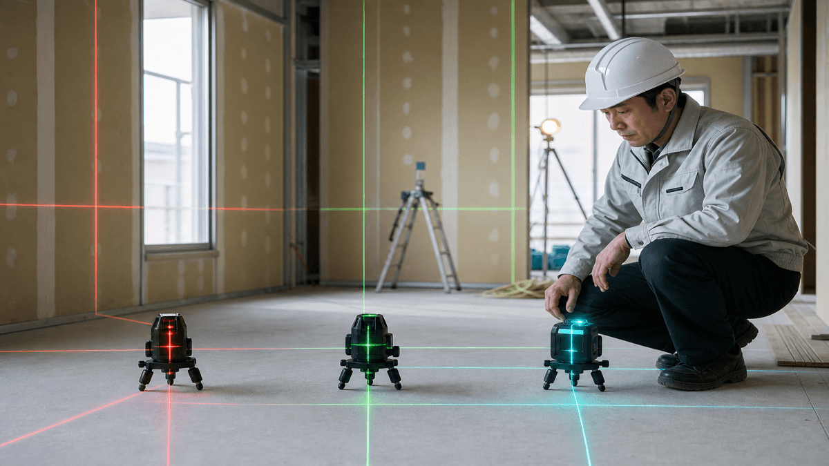 レーザー墨出器のライン数を工種別に比較検討するイメージ