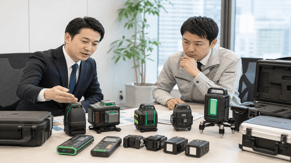 法人向けにレーザー墨出器の導入構成を比較検討するイメージ