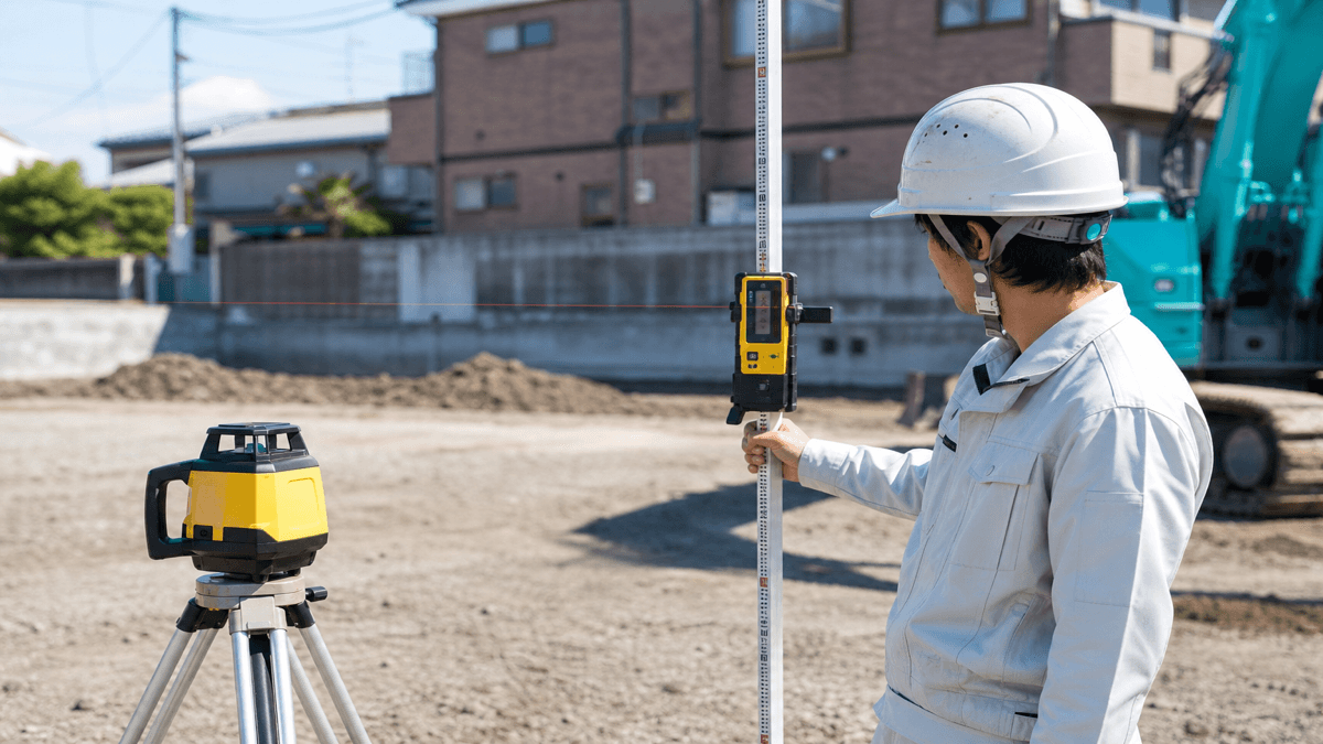 屋外でレーザー墨出器と受光器を使うイメージ