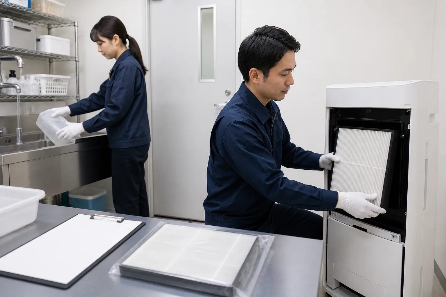 法人担当者が空気清浄機のフィルター交換と加湿タンク清掃を管理するイメージ