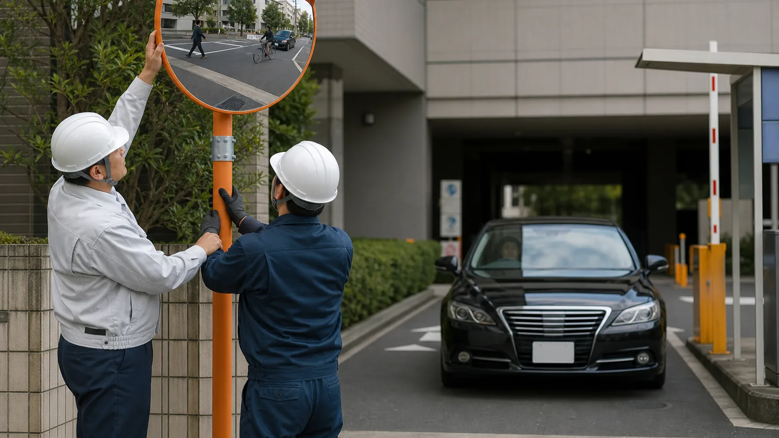 駐車場出口でカーブミラーの位置と角度を確認する施設管理者