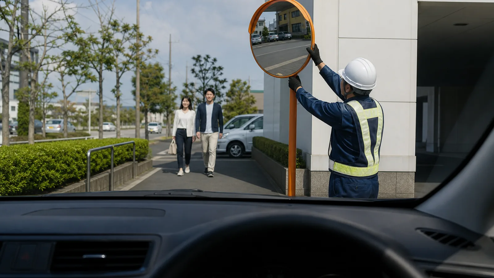 運転席の停止位置からカーブミラーの見え方を確認するイメージ