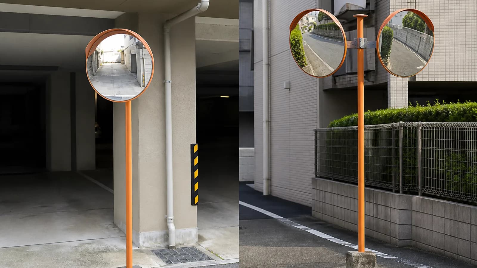 一面鏡と二面鏡を駐車場出口で比較するイメージ