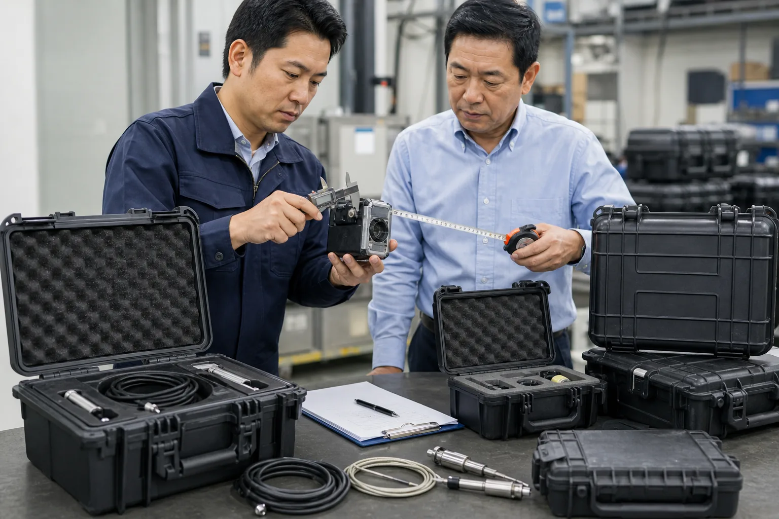 精密機器の寸法を測りながら保護ケースを選ぶ法人担当者