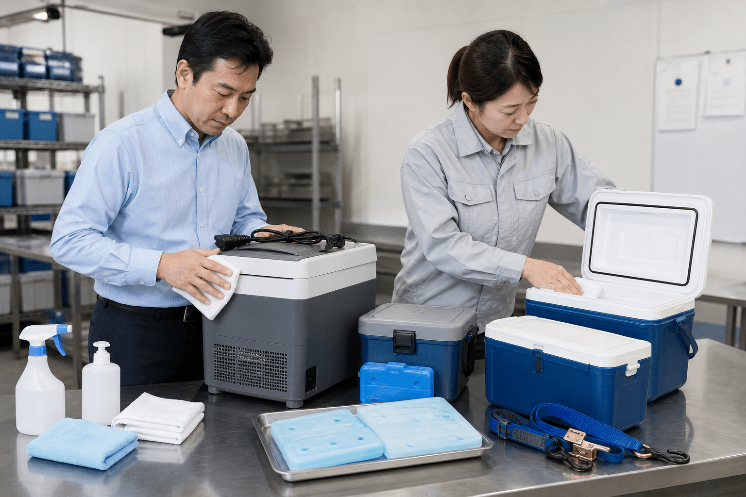 法人担当者がポータブル冷蔵庫とクーラーボックスを清掃・点検するイメージ