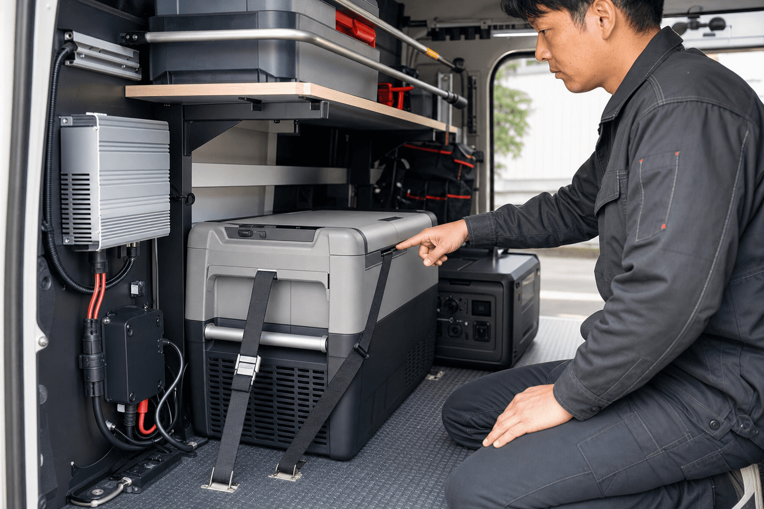 AC100VとDC12V・24Vの電源を確認してポータブル冷蔵庫を運用するイメージ
