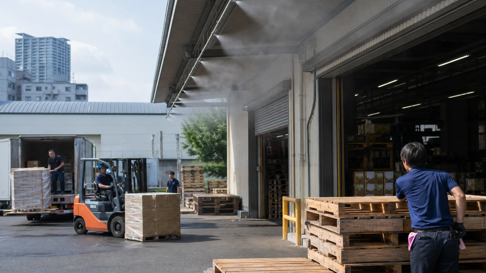 荷捌き場でミスト設備を使うイメージ