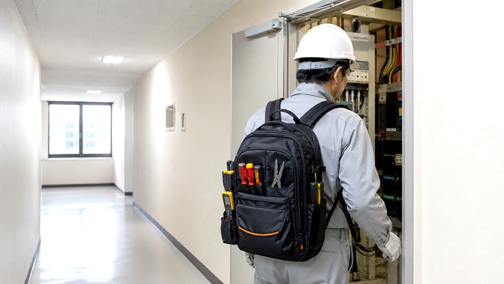 電工・設備点検で工具用バックパックを背負って移動する作業員