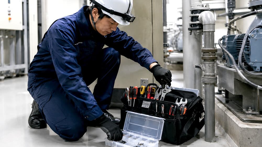 作業場所でツールバッグから工具を取り出す現場作業員