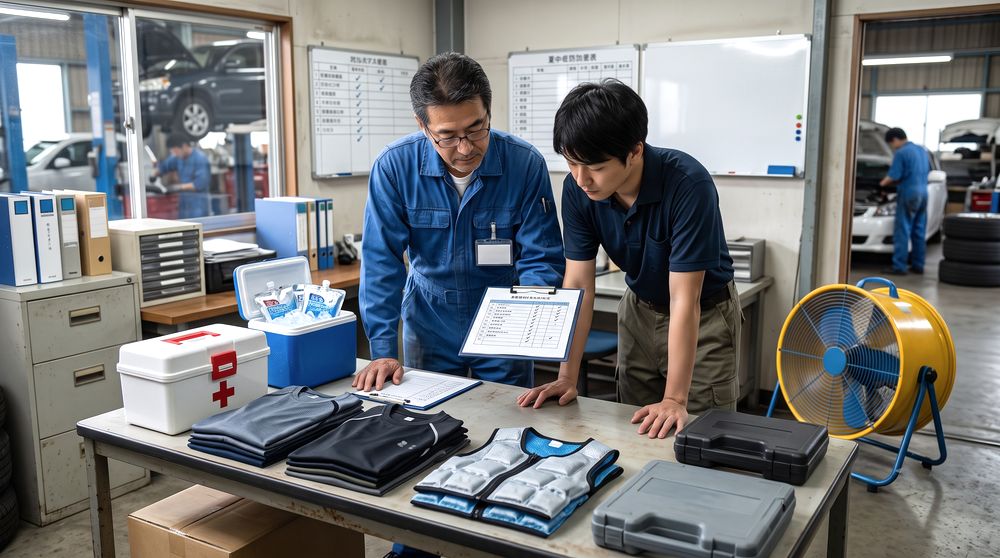 管理者が熱中症対策用品と工具の備品リストを確認するイメージ