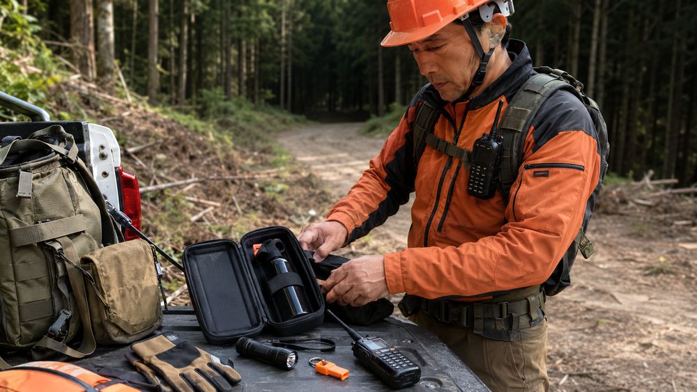 熊よけスプレーなど山林作業の携行品を確認するイメージ
