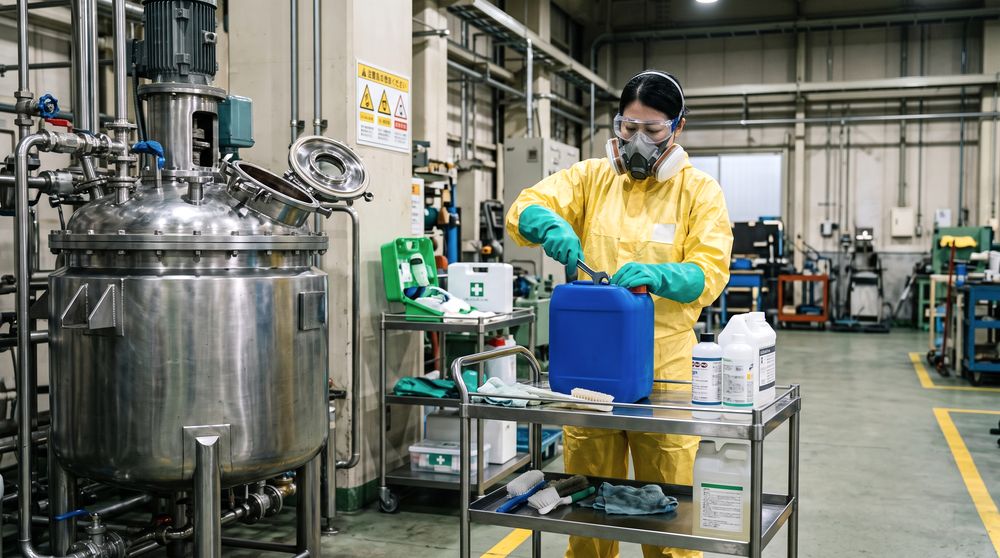 薬液洗浄作業で化学防護服と手袋を使うイメージ