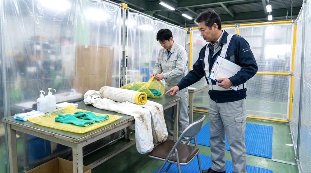 化学防護服の脱衣と廃棄手順を確認するイメージ