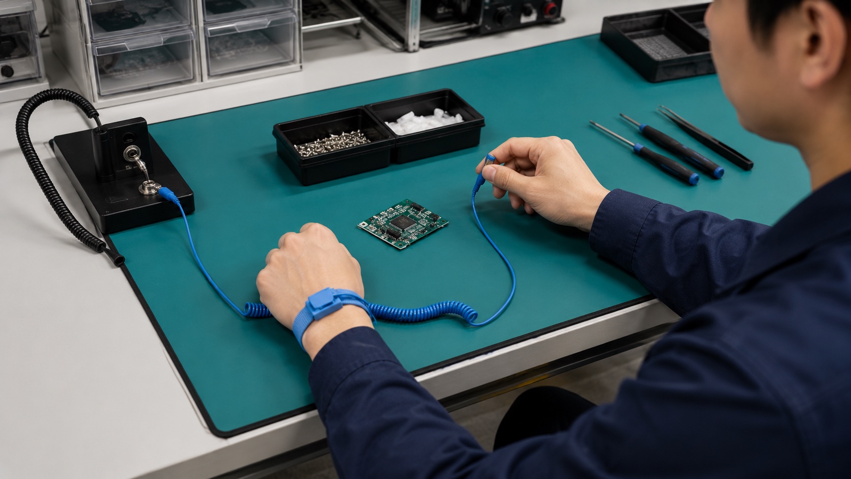 導電マットとリストストラップを作業台に設置するイメージ