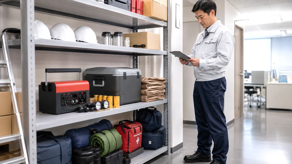 会社の防災備蓄としてポータブル電源を準備するイメージ