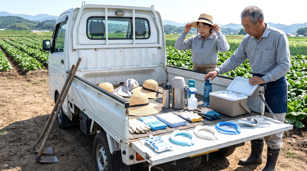 農作業向けに虫よけ冷却タオルを準備するイメージ