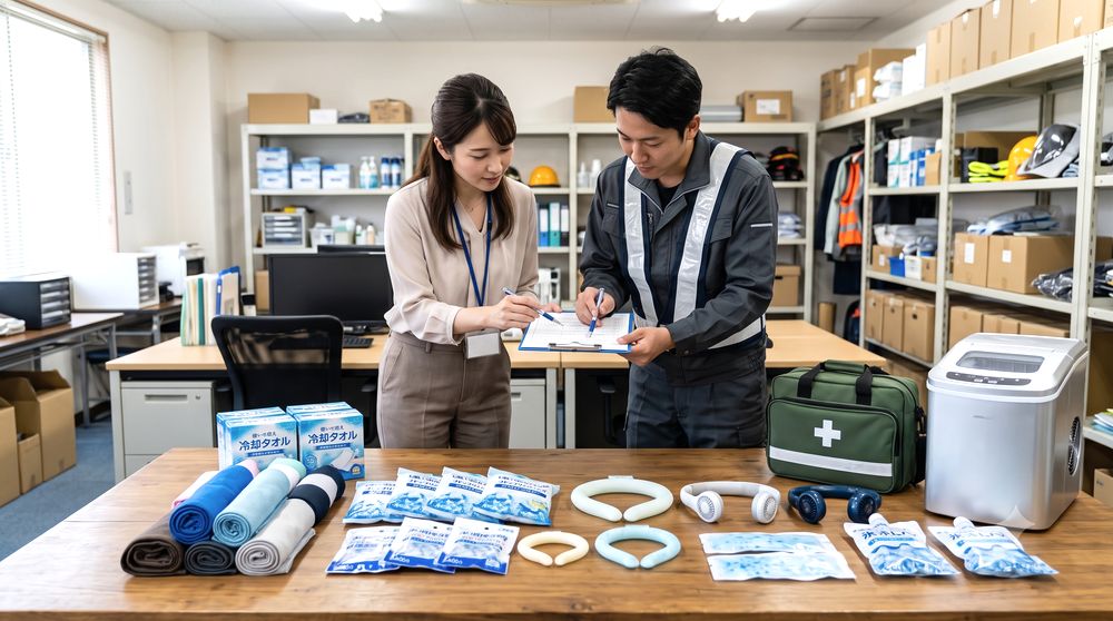 法人担当者が冷却タオルや瞬間冷却用品の備品リストを確認するイメージ
