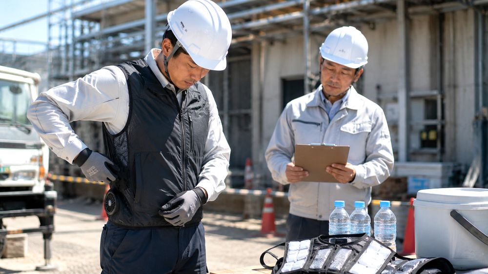 現場で冷却ベストを着用する作業者のイメージ
