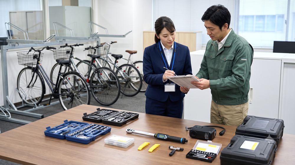 法人担当者が自転車工具の備品リストを確認するイメージ