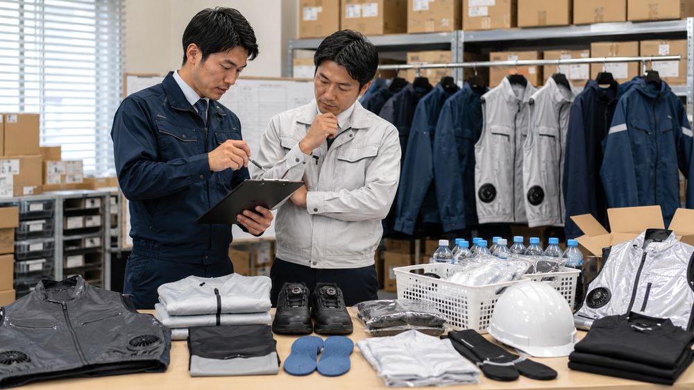 法人担当者が熱中症対策衣服の支給品を確認するイメージ
