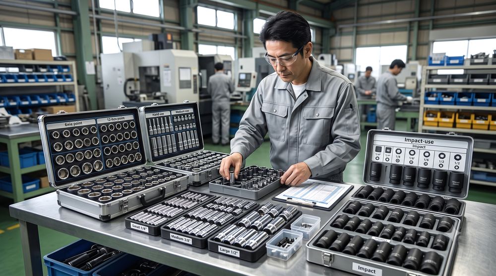 工場で整備工具セットを台帳とともに管理・標準化している様子