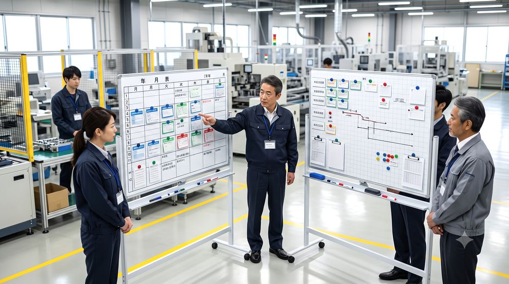 工場で脚付きホワイトボードを工程管理・月予定の共有に活用している様子