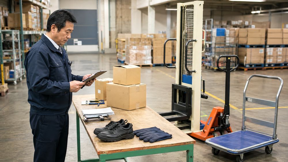 安全靴や運搬台車など関連用品を確認するイメージ