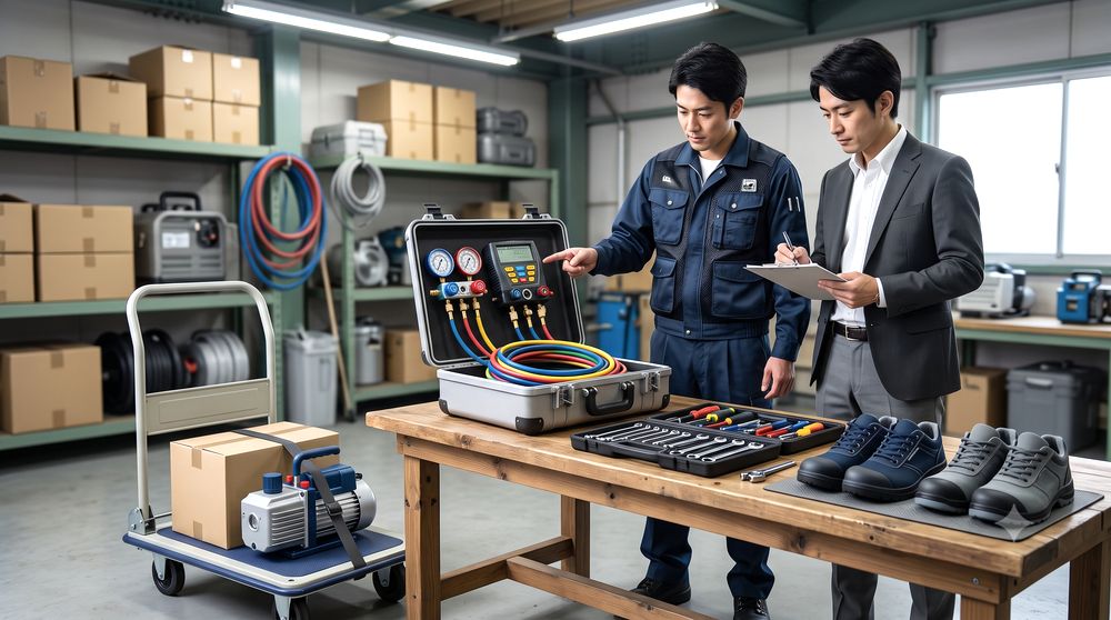 空調工事で使う整備工具・台車・安全靴を準備するイメージ