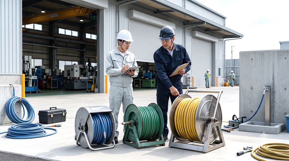 工場・倉庫・建設現場で使う20m・30m・50mの業務用ホースリールを並べて比較している様子