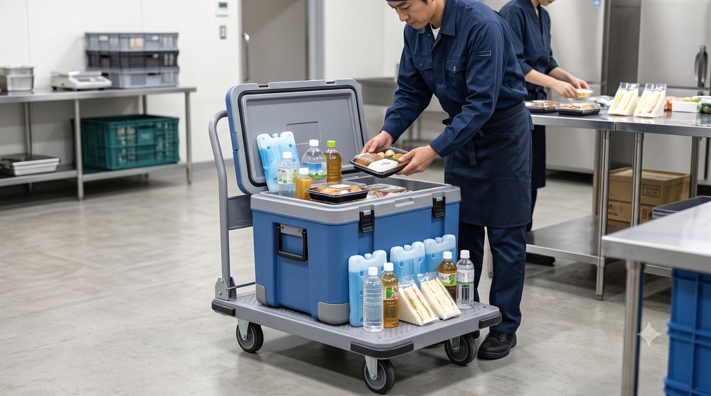 保冷ボックス付き台車で食品や飲料を運ぶイメージ