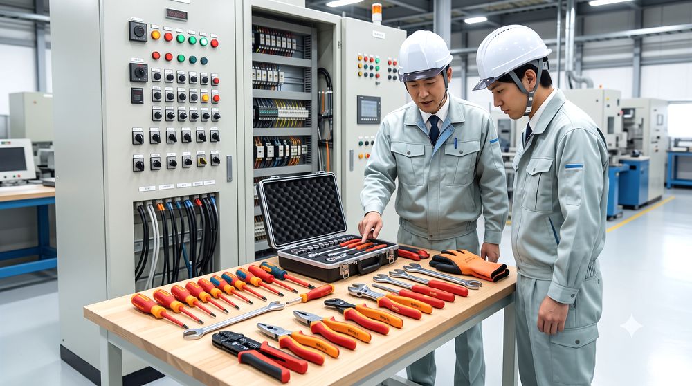 電気工事や制御盤作業で使う絶縁工具セットを確認するイメージ