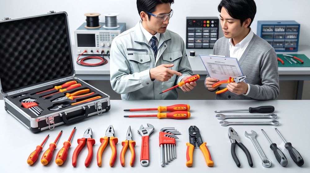 絶縁工具と普通の工具を見比べるイメージ