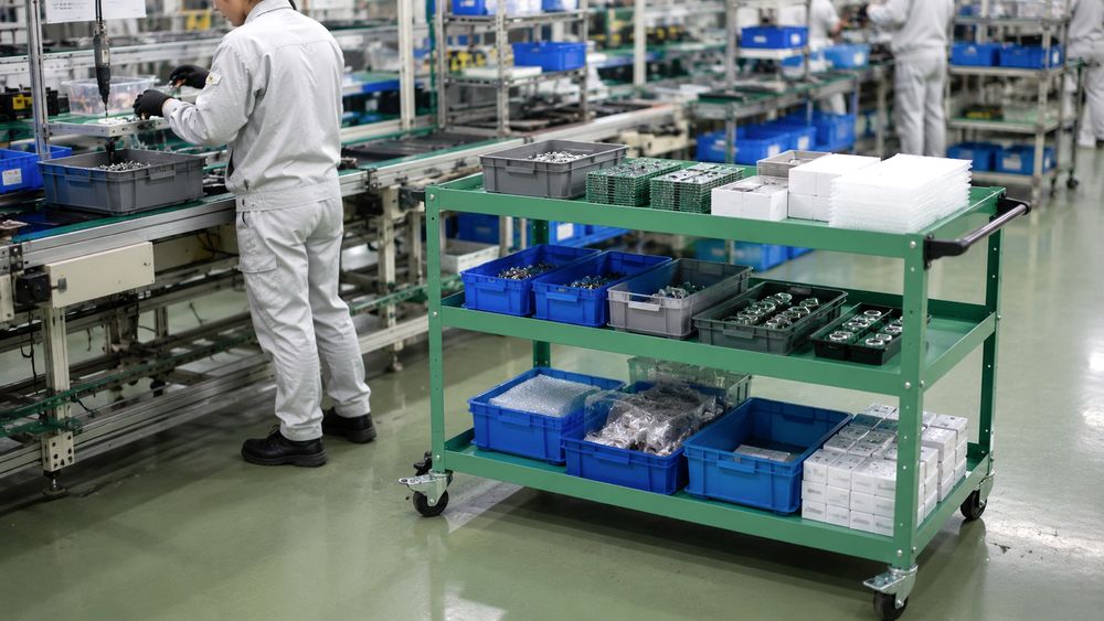 部品や商品の仮置きにワゴンを使うイメージ