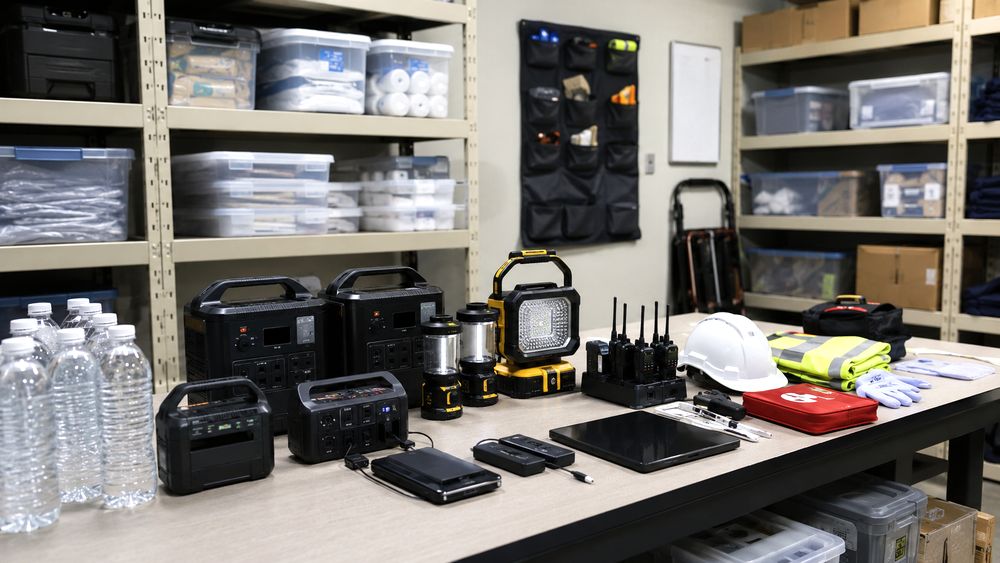 屋外現場でポータブル電源を使い工場扇や冷温庫を動かすイメージ