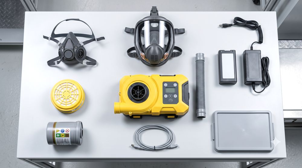 PAPRの本体・ろ過材や吸収缶・面体・バッテリー・充電器などの構成品を並べた図