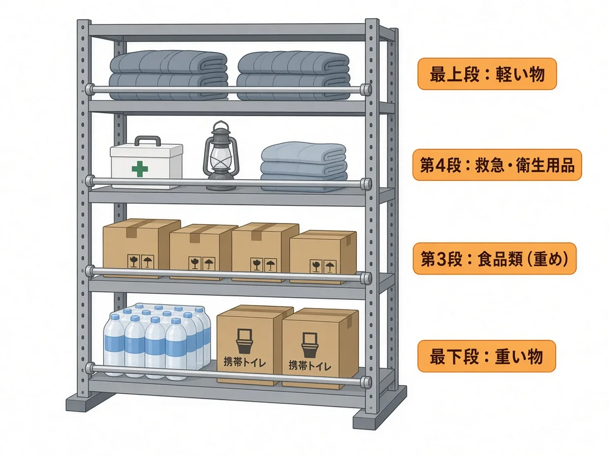 災害備蓄ラックの棚割り例。下段に水と簡易トイレ、上段に毛布を置いた配置