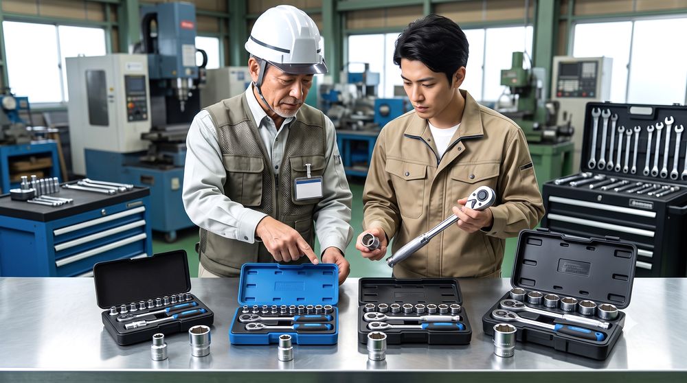 6角ソケットと12角ソケット、差込角6.35・9.5・12.7・19.0mmの4種類を並べて比較した整備工具
