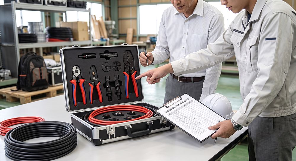 法人担当者が太陽光工具の備品リストを確認するイメージ