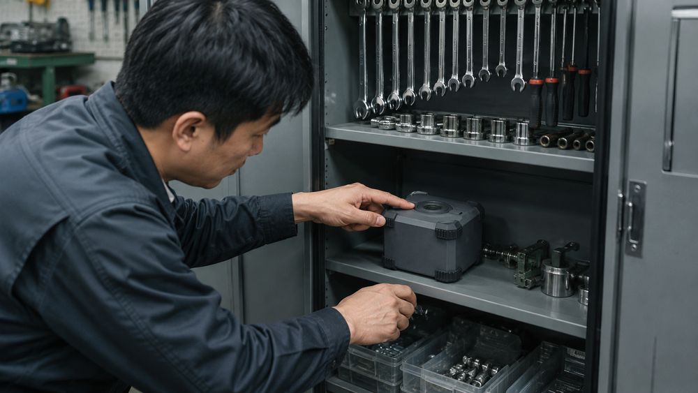 工具キャビネットに除湿石を置くイメージ