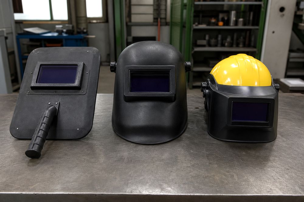 手持面・直かぶり面・ヘルメット取付面の3タイプの溶接面を並べて比較した現場写真